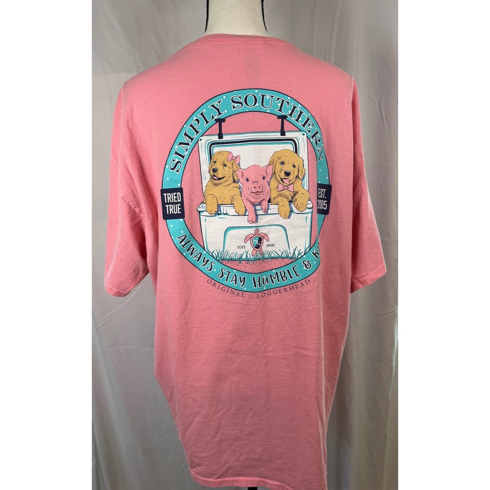 Simply Southern Pink Humble & Kind Puppy Pig Graphic T-Shirt Women XXL Good